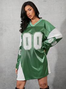 Denimoi 女士休闲宽松 V 领落肩透气上衣，带刺绣数字图案 - 綠色 - 查看 6