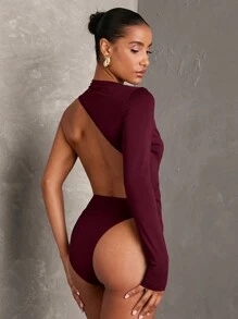 SHEIN BAE 1 件女式纯黑色性感休闲简约单肩露背长袖紧身衣/紧身衣，适合夜间外出、派对、约会