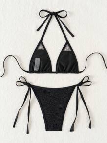 Swim SXY Women's Sexy Micro Triangle Bikini Set With Black Sheer Side Tie Beach Swimwear, Summer