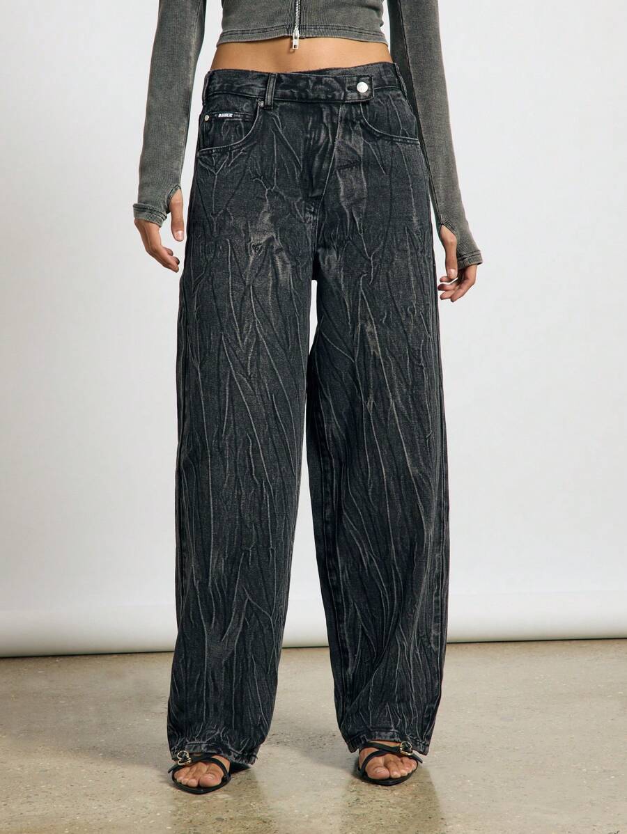 AiiRZ 压皱纹理洗水宽松版型筒形牛仔裤 - 黑色 - 查看 1