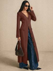 Poéselle 1 pieza Abrigo largo sencillo de mujer de manga larga de un solo color con botones al frente y bolsillo