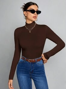 SHEIN Tall Atasan Putih Polos Sederhana dengan Kerah Tinggi, Cocok untuk Musim Gugur dan Musim Dingin, untuk Wanita Tinggi - Coffee Brown - View 6