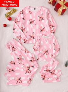 2 peças/Conjunto Pijama Rosa Ajustado Estampa Pão de Mel Menina Jovem, Tecido Quente e Confortável, Combinação Familiar, Perfeito para Festa de Natal, Sessão de Fotos de Férias - Rosa Bebê - Visão 1