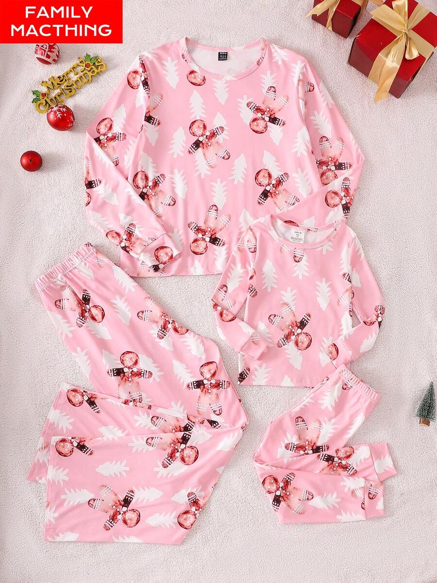 2 peças/Conjunto Pijama Rosa Ajustado Estampa Pão de Mel Menina Jovem, Tecido Quente e Confortável, Combinação Familiar, Perfeito para Festa de Natal, Sessão de Fotos de Férias - Rosa Bebê - Visão 1