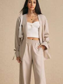 Poéselle Women's Solid Color Long Sleeve Knotted Cuff Open Front Jacket And Pocket Long Pants Casual Suit Set, Autumn/Winter - Khaki - View 6