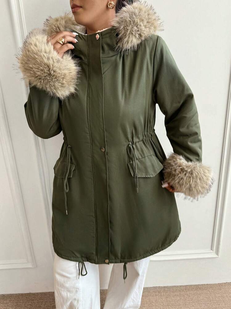 Calvaya 大码连帽保暖内衬冬季服装派克大衣外套带毛领 - 軍綠色 - 查看 3