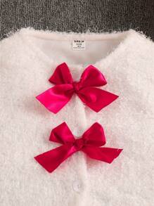 SHEIN Young Girls Young Girl Bowknot Plush Jacket & Plush Pleated Skirt Set, Fashionable Outfit For Holiday, Autumn/Winter, For Christmas