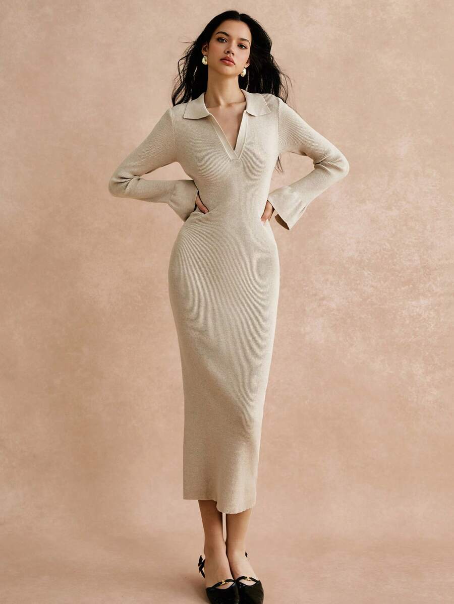 Poéselle Women's Solid Color Collared Long Sleeve Maxi Fitted & Elegant Sweater Dress For Autumn/Winter
