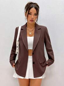 SHEIN Unity 1pc Women's Solid Color Single-Button Elegant Office Wear Long Sleeve Blazer - Coffee Brown - View 3