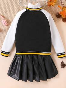SHEIN Explorewe Bộ 2 áo khoác và váy chắp vá màu tương phản thường ngày cho bé gái tuổi teen mùa thu/đông - màu đen - Xem 2