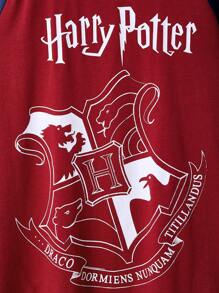 HARRY POTTER X SHEIN 2pcs/Set Tween Boy Casual Emblem & Letter Print Contrast Color Raglan Sleeve T-Shirt And Deep Blue All-Over Print Comfy Pants Loungewear Pajamas Set - Multicolor - View 5