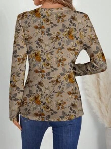 SHEIN LUNE 女士V领复古碎花长袖秋冬搭配T恤适合秋冬季 - 彩色 - 查看 3