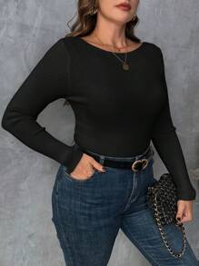 SHEIN Clasi 1pc Plus Size Women Light Apricot Crew Neck Long Sleeve Basic Pullover Sweater, Autumn/Winter Fall - Black - View 3