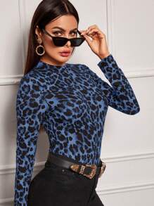 SHEIN Clasi 女式豹纹立领长袖修身针织上衣，秋季 - 藍色 - 查看 5