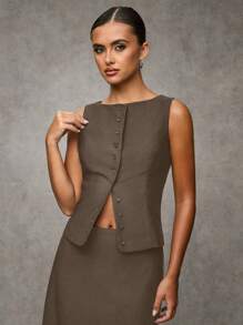 SHEIN BAE 女士夏季纯色单排扣背心和长裙优雅套装女士服装女士服装套装套装返校节黑色两件套女士秋季套装办公室套装 - 咖啡棕 - 查看 2