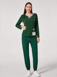 TaskEZ Contrast Color Block Simple Double Pocket Scrub Uniform Top Nurse Dresses Scrub Tops Scrub Bottoms Lab Coats Scrub Outwear Running Nurse & Uniform Scrubs Handwashing Pocketed Breathable