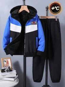 SHEIN 男童撞色字母印花拉链连帽衫和裤子套装，防风，适合秋冬季