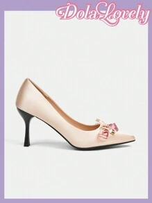 Dola Lovely Escarpins femme à talons hauts, à bout pointu avec nœud rose unicolore et fleurs 3D, chaussures plates à bride arrière