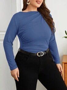 SHEIN Privé 大码纯色褶皱圆领休闲长袖 T 恤 - 藍色 - 查看 3