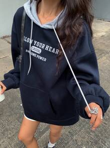 DAZY Loose Fit Fleece Contrast Color Panel Letter Print Hoodie For Women,Long Sleeve Tops,Fall Clothes Sweatshirt,Winter - Navy Blue - View 3