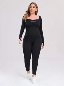 1pc Plus Size Women Seamless High Waist Slimming Jumpsuit With Long Sleeves - Black - View 5