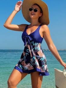 Swim Lushoire 2pcs Women Summer Casual Tropical Floral Print Beach Cover Up Tankini Swimsuit Set