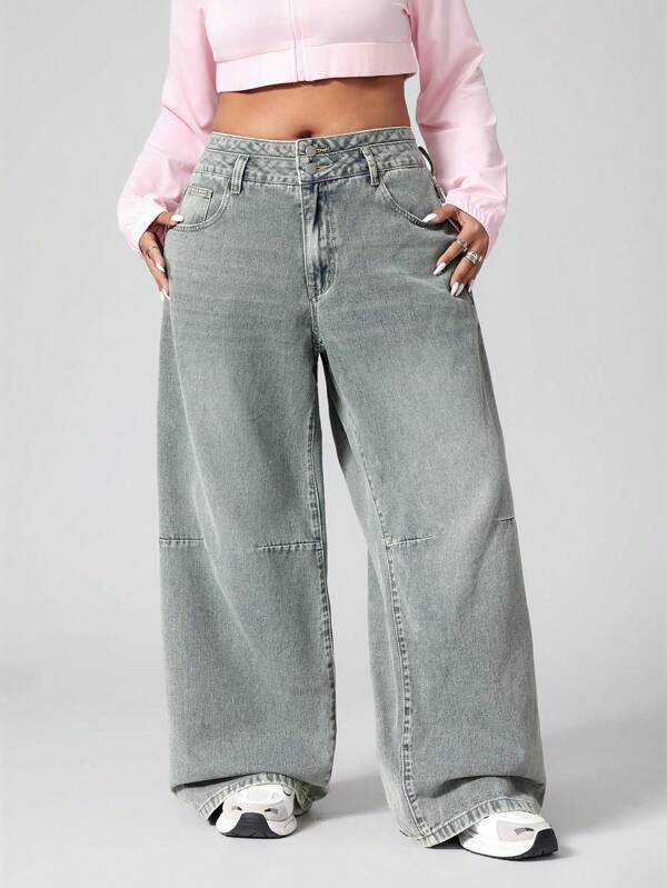 Jeanoix Plus Size Fashion Versatile Distressed Wide Leg Boyfriend Jeans With Patch Pockets