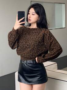 DAZY 女士休闲复古豹纹圆领运动衫，秋季女装 - 棕色 - 查看 2