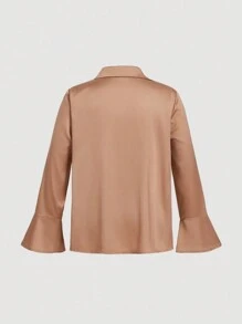 SHEIN MOD Plus Size Retro Sweet Solid Color Lace-Up Trumpet Sleeve Shirt And Trousers Two-Piece Set - Coffee Brown - View 8