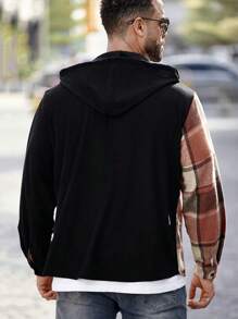 Manfinity Homme Men's Plus Size Casual Contrast Plaid Front Button Hooded Corduroy Panel Shacket, Autumn Fall Clothes - Multicolor - View 2