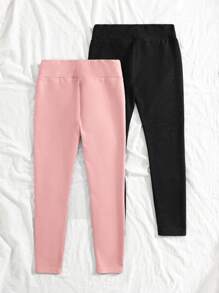 SHEIN 女童两件套紧身羊毛保暖打底裤，腰部有贴片装饰 - 黑色 - 查看 2