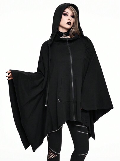 Gothic Solid Color Hooded Loose Asymmetric Hem Witch Cloak Sweatshirt For Women
