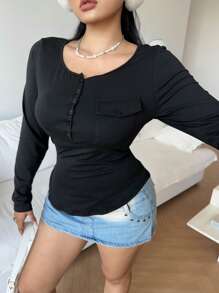 Flirla Casual American Style Fitted V-Neck Long Sleeve T-Shirt - Black - View 6