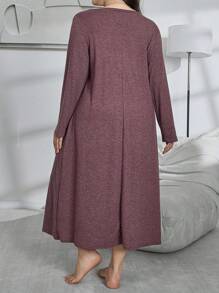 SHEIN Váy ngủ dài tay xếp ly cổ chữ V cỡ lớn, thiết kế túi, Moo Moo, trang phục ấm áp, mùa thu đông - Màu Hồng Tươi - Xem 2