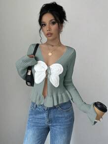 Chiquease Butterfly Applique Colorblock Ruffle Trim Front Tie Elegant Long Sleeve Cardigan Fall Cloth For Women - Green - View 1
