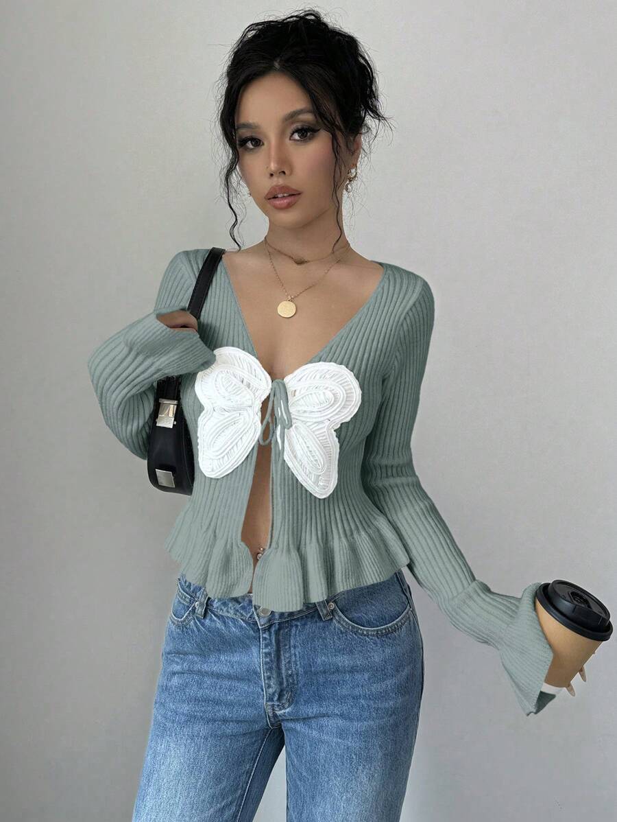 Chiquease Butterfly Applique Colorblock Ruffle Trim Front Tie Elegant Long Sleeve Cardigan Fall Cloth For Women - Green - View 1