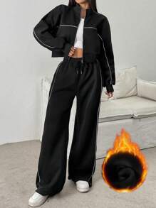 Bộ đồ nỉ 2 món cho nữ, áo khoác ngắn cổ đứng, quần ống rộng cạp chun, vải nỉ mềm mại, thiết kế sọc màu tương phản, ôm sát, đa năng, thể thao & thanh lịch, phù hợp cho mùa thu/đông - màu đen - Xem 1