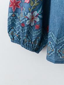 Rusticease Plus Size Women's Denim Effect Floral Print V-Neck Long Sleeve Shirt, Winter