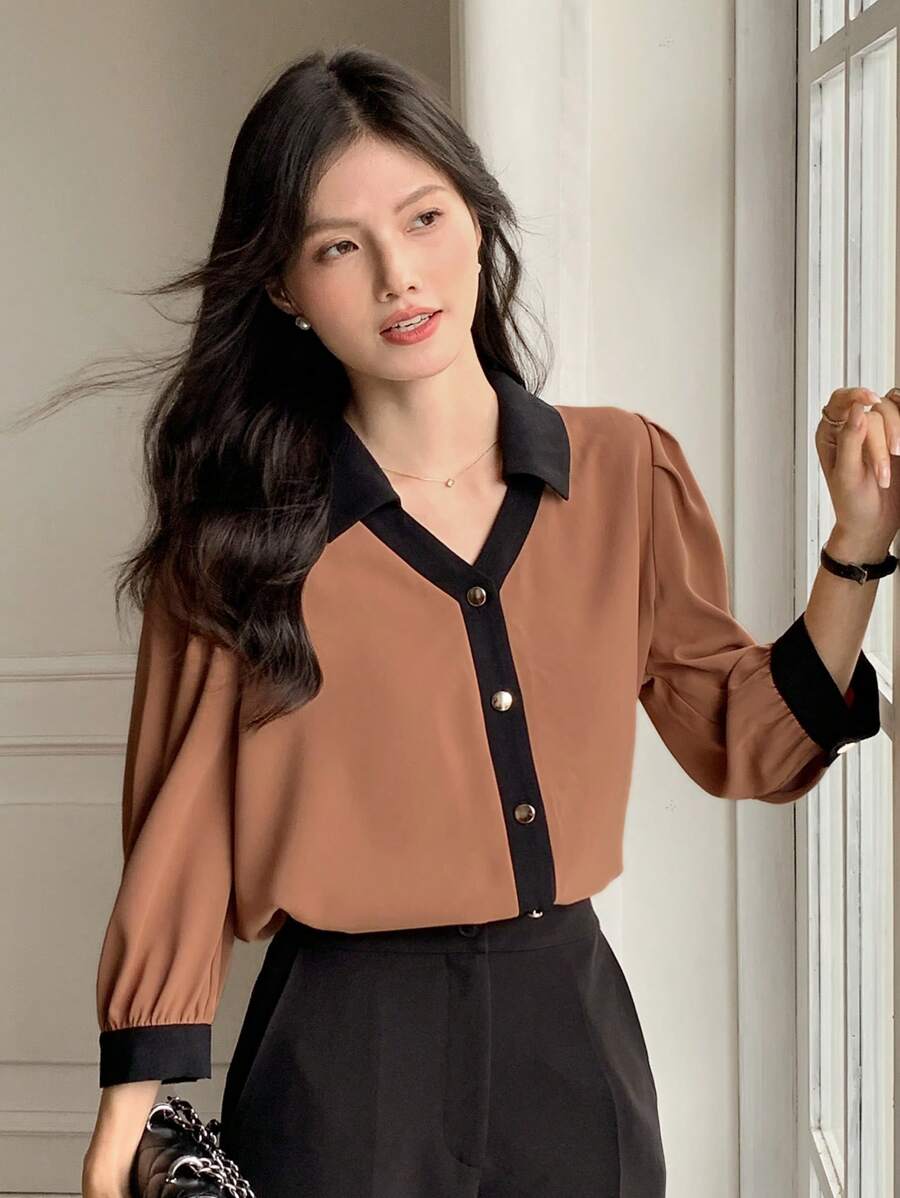 DAZY 女式撞色 3/4 袖衬衫，优雅时尚 - 卡其色 - 查看 1