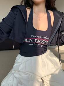 DAZY Bộ 2 áo hoodie nữ + áo ba lỗ in chữ, áo nỉ chui đầu lót nhiệt, quần áo mùa thu, lót nhiệt có khóa kéo - Màu xanh hải quân - Xem 3