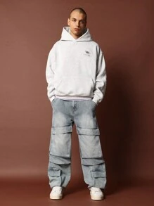 SUMWON Luxury Oversized Pullover Hoodie Sport Street Style Heavyweight Sweatshirt Casual Athletic Kangaroo Pocket Winter Fall Loungewear Drawstring Active Apparel - Grey - View 3