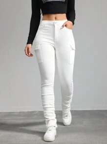 SHEIN Tall Women's Jeans White Skinny Stretch Work Pocket Pants Denim Jeans Pants Stacked Women Jeans Tall Women Pants Y2k Jeans Women Tights Cargo Pants Stacked Women Jeans Tall Women Pants
