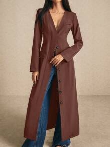 Poéselle 1 pieza Abrigo largo sencillo de mujer de manga larga de un solo color con botones al frente y bolsillo