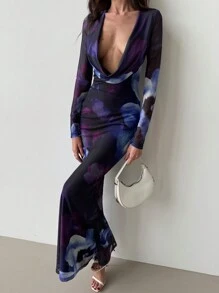 Aloruh Đầm bodycon lưới in hoa dự tiệc/đi chơi cổ chữ V sâu tay dài cho nữ - Nhiều màu - Xem 7