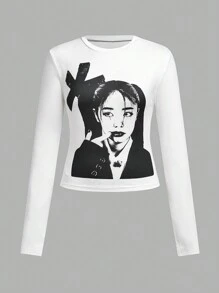 SHEIN 2pcs/Set Teenage Girls Casual Graphic Long Sleeve Crop Top & Wide Leg Pants Outfit - Black and White - View 3