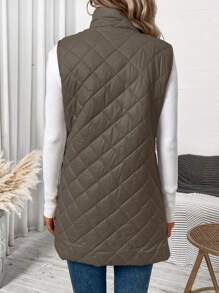 SHEIN Clasi 女士纯色前拉链无袖休闲夹克，日常穿着 - 咖啡棕 - 查看 2