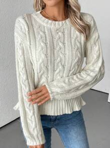 SHEIN LUNE 1pc Women's Solid Color Round Neck Twist Knit Casual Pullover Sweater Knit Pullover Fall Winter Outfit - White - View 1