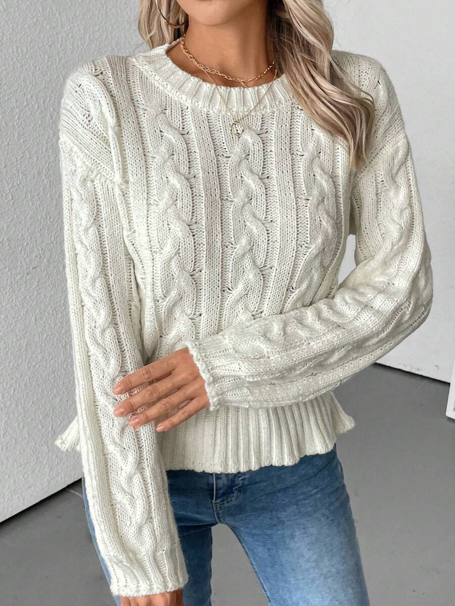 SHEIN LUNE 1pc Women's Solid Color Round Neck Twist Knit Casual Pullover Sweater Knit Pullover Fall Winter Outfit - White - View 1