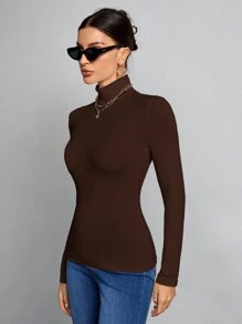 SHEIN Tall Atasan Putih Polos Sederhana dengan Kerah Tinggi, Cocok untuk Musim Gugur dan Musim Dingin, untuk Wanita Tinggi - Coffee Brown - View 5