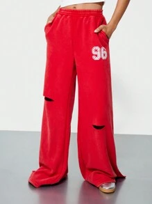 SUMWON WOMEN Retro Distressed Wide Leg Sweatpants California Graphic 96 Number Varsity Style Winter Casual Jogger Athletic Pants Double Braid Hairstyle Inspiration - Red - View 4